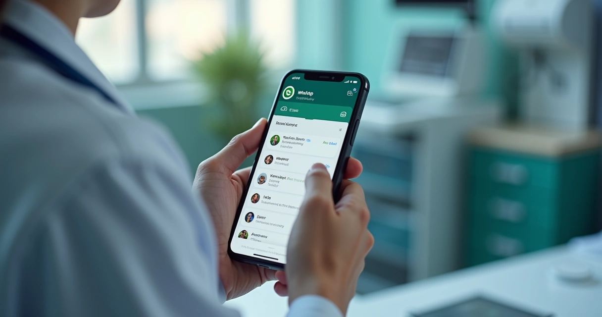 Profissional de saúde usando smartphone com interface do WhatsApp aberta, ambiente de clínica moderna no fundo