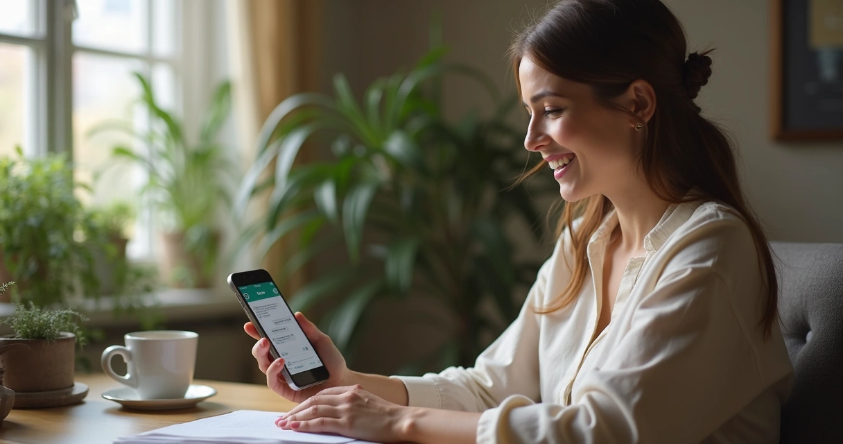 Pessoa conversando com terapeuta pelo WhatsApp em ambiente tranquilo 
