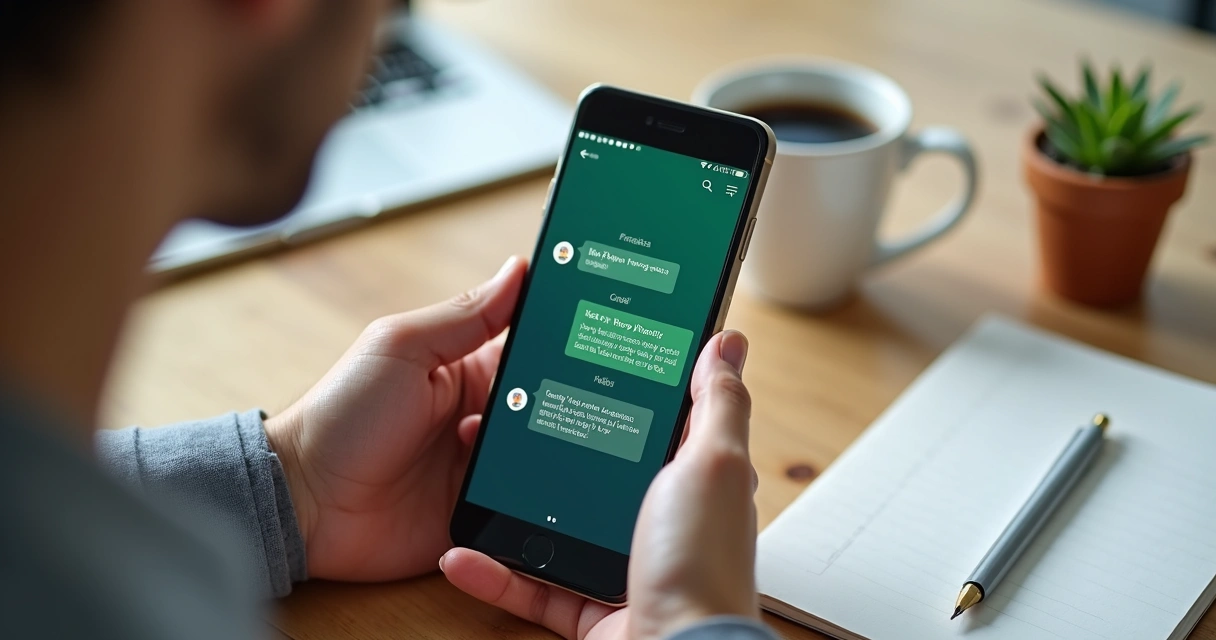 Pessoa usando celular para atender clientes pelo WhatsApp, mostrando a tela com conversa ativa 