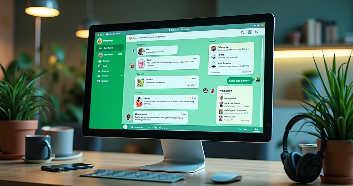 Computador com tela exibindo chatbot e interface de vendas no WhatsApp com gráficos e contatos organizados 