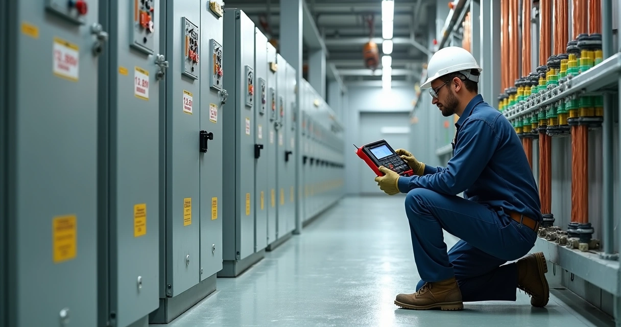 Engenheiro inspecionando sistema de aterramento em subestação industrial de média tensão 