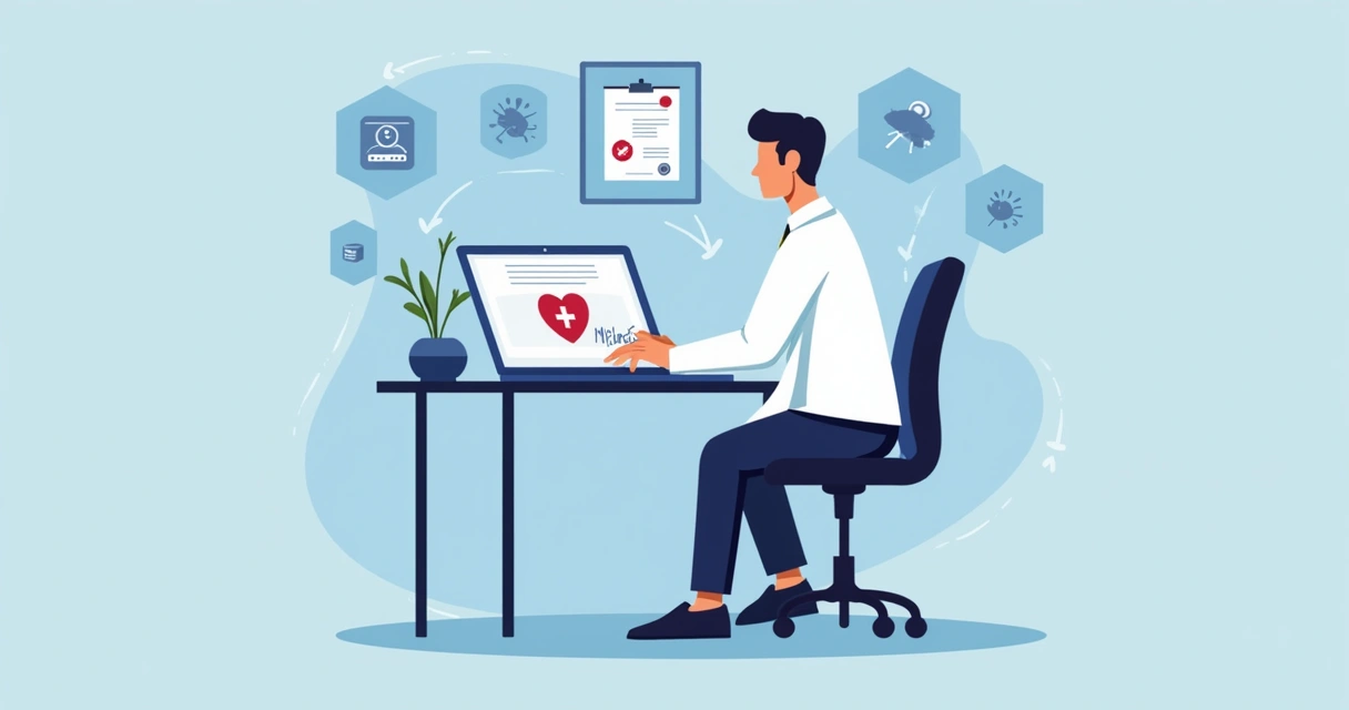 Médico usando notebook com atestado digital e assinatura eletrônica 