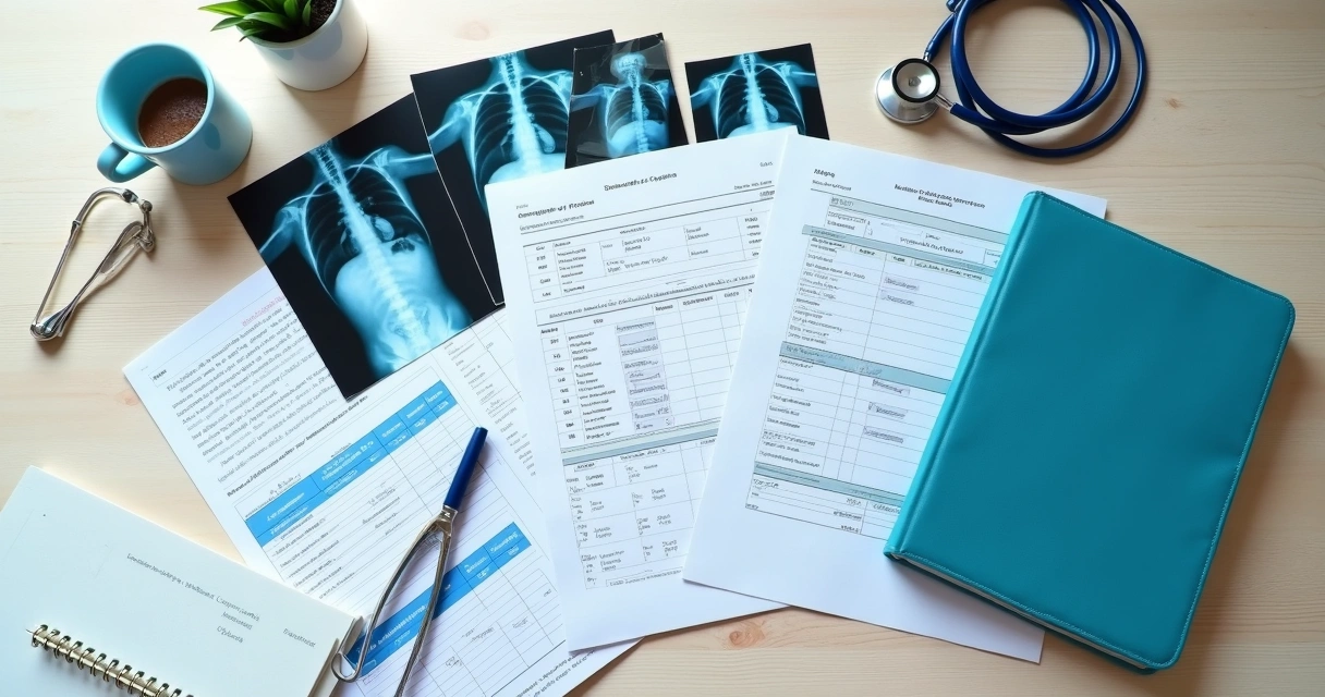 Laudos médicos e exames sobre mesa de escritório 