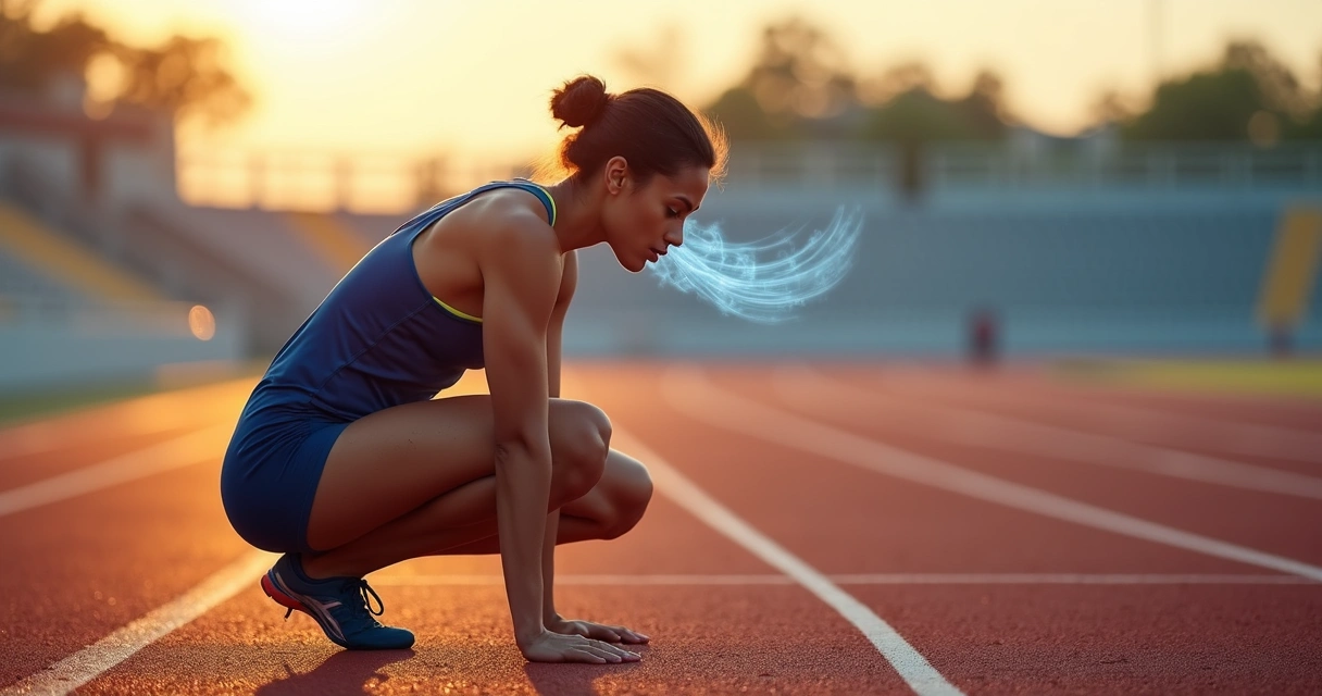 Sprinter kneeling at trackside focusing on controlled breathing after a run 