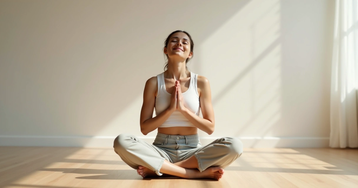 Pessoa sentada com expressão serena, mãos no peito, praticando autoaceitação