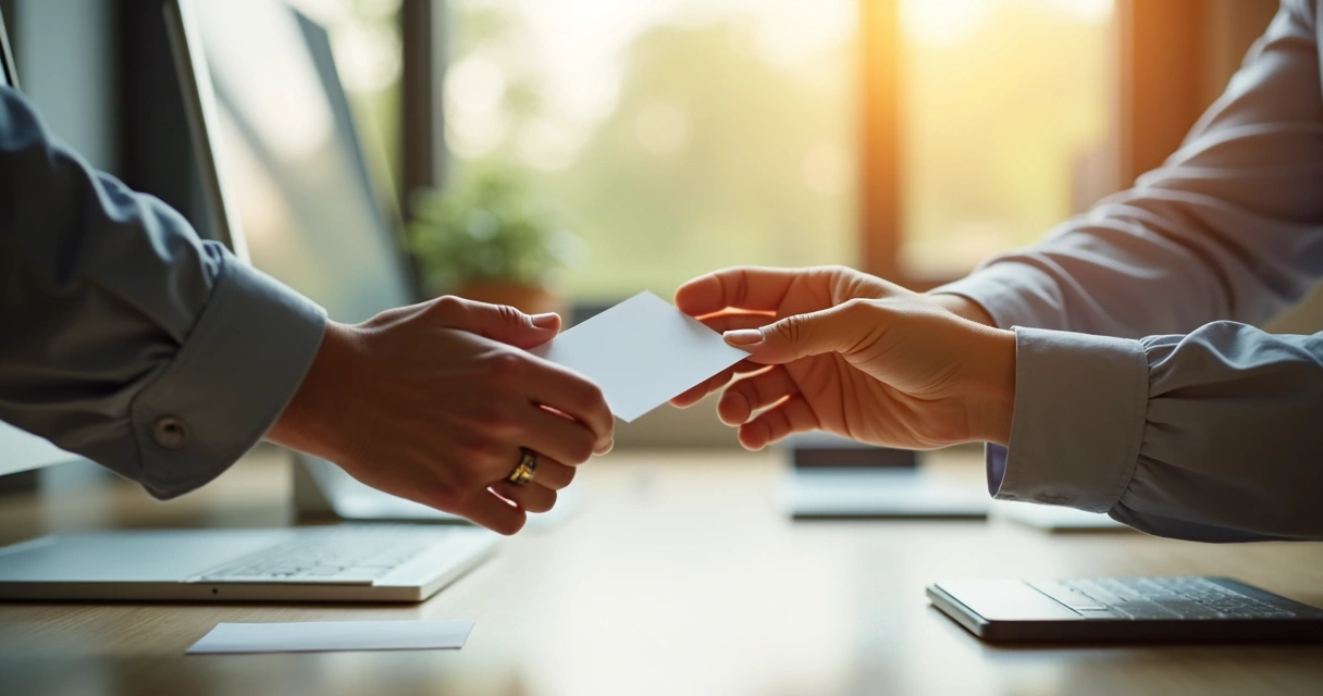 Mão entregando nota de agradecimento a colega em mesa de escritório com computadores. 