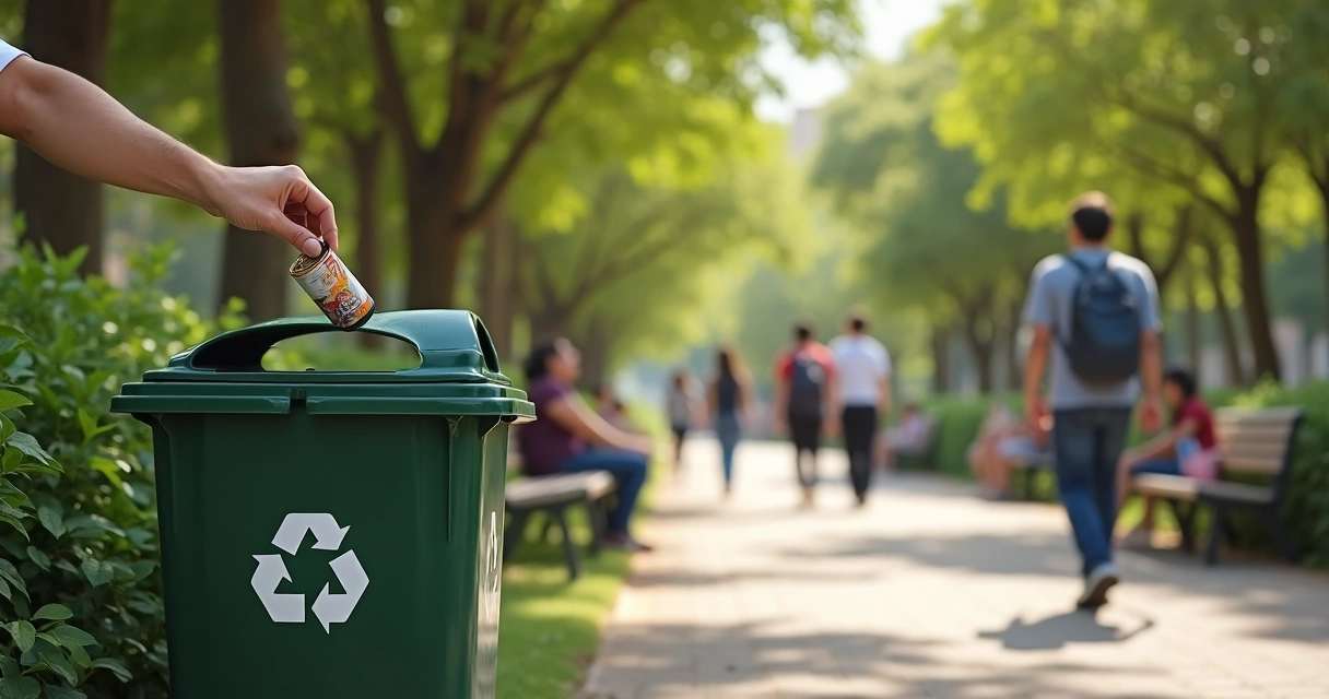 Pessoa colocando lixo em cesto de reciclagem em espaço público 