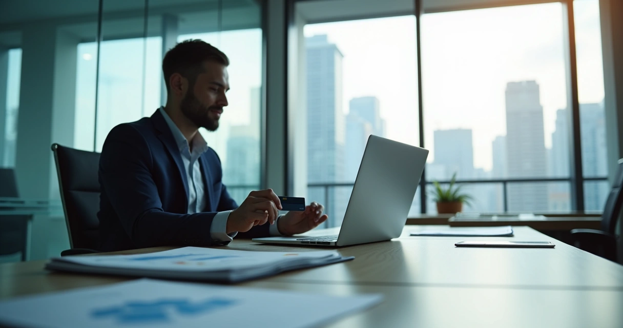 Como usar cartão de débito comercial nos EUA sem cometer erros 1 Empresário ativando cartão de débito em escritório moderno