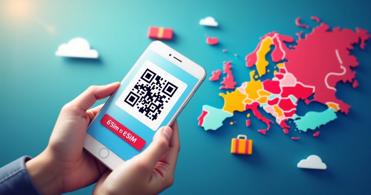 Tela de smartphone com QR code para ativação eSIM ao lado de mapa da Europa 