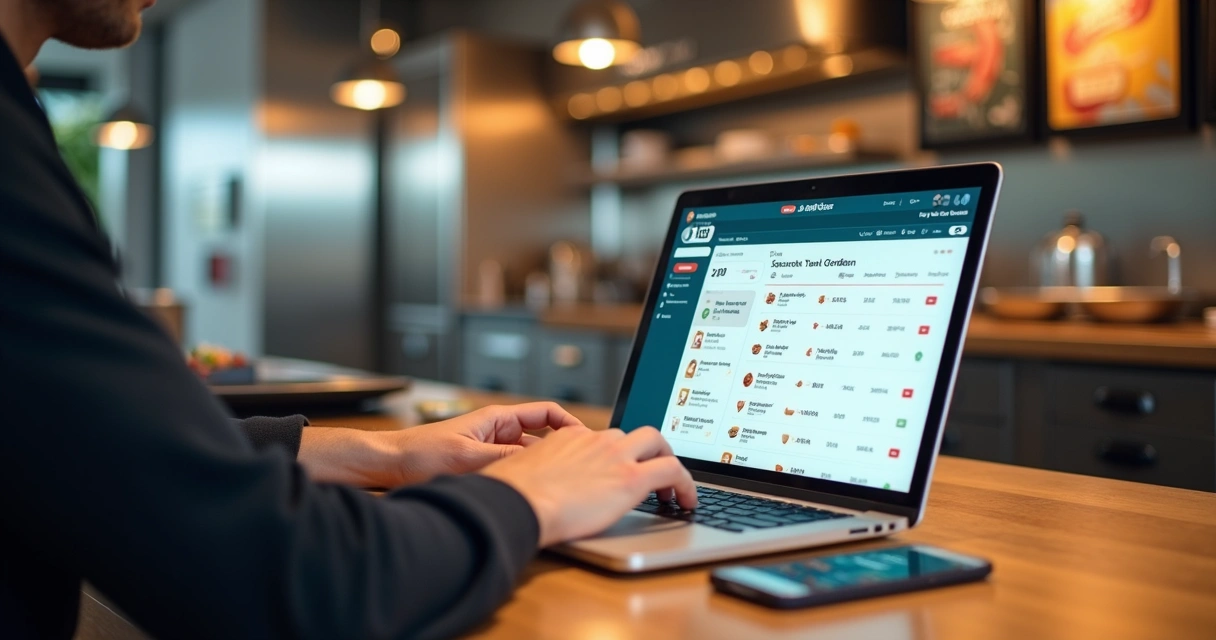 Dono de restaurante configurando loja do 99 Food no notebook com cardápio de delivery ao fundo 