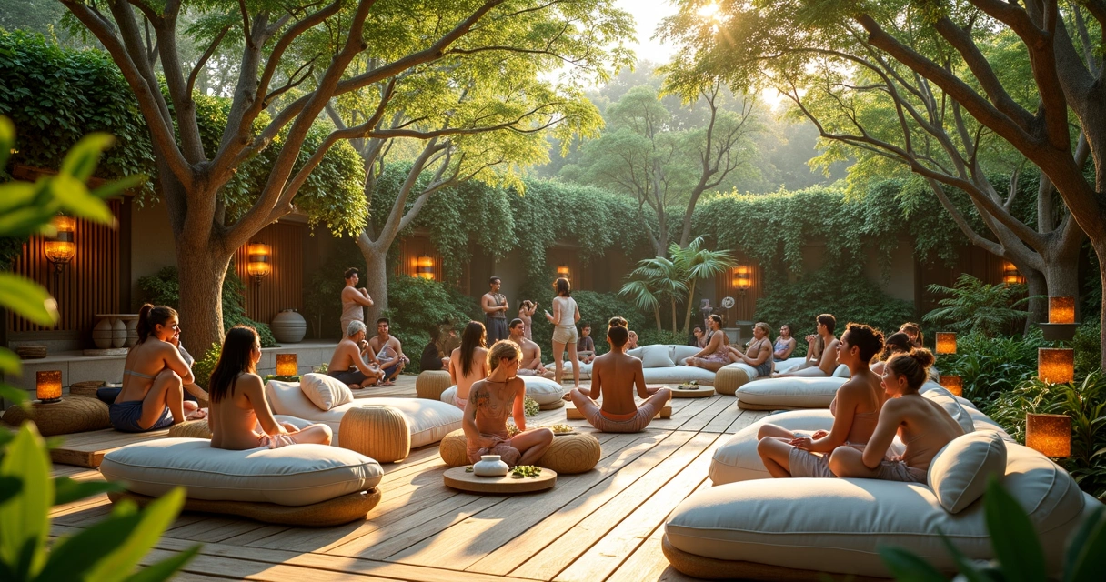 Pessoas relaxando em jardim arborizado com elementos de marca e decoração natural 