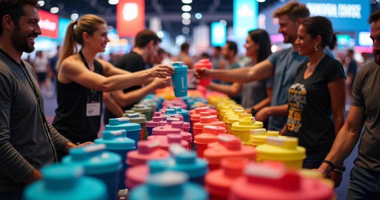 Estande com coqueteleiras personalizadas sendo distribuídas em lançamento de produto 