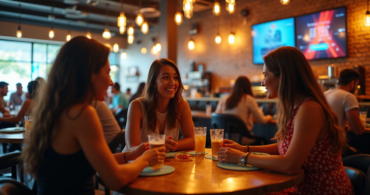 Equipe promovendo degustação de bebida em bar com clientes sentados nas mesas 