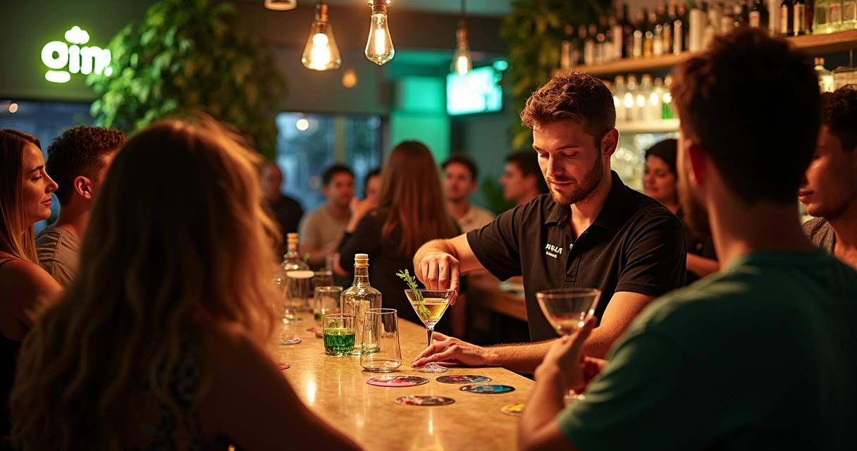 Degustação de gin em um bar com clientes participando 