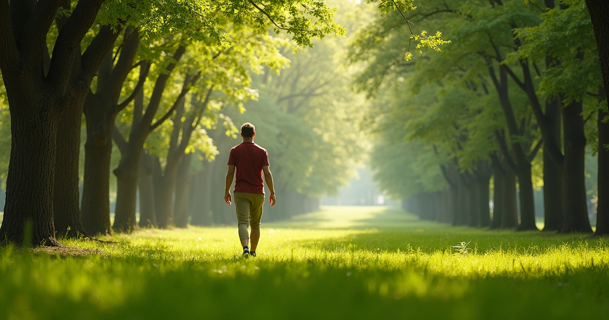 Pessoa caminhando em parque com árvores, usando roupas casuais, aproveitando um momento de descanso ao ar livre. 