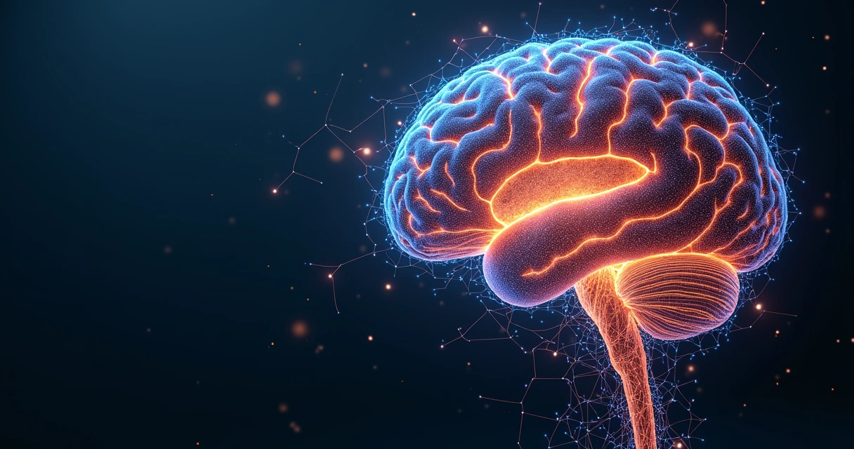 Conexões cerebrais brilhantes interligadas em fundo escuro com linhas coloridas.