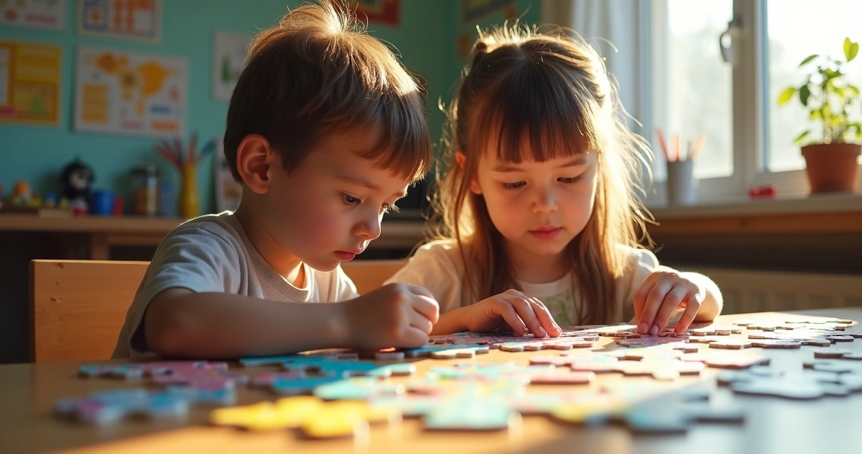 Menino e menina montando quebra-cabeça 