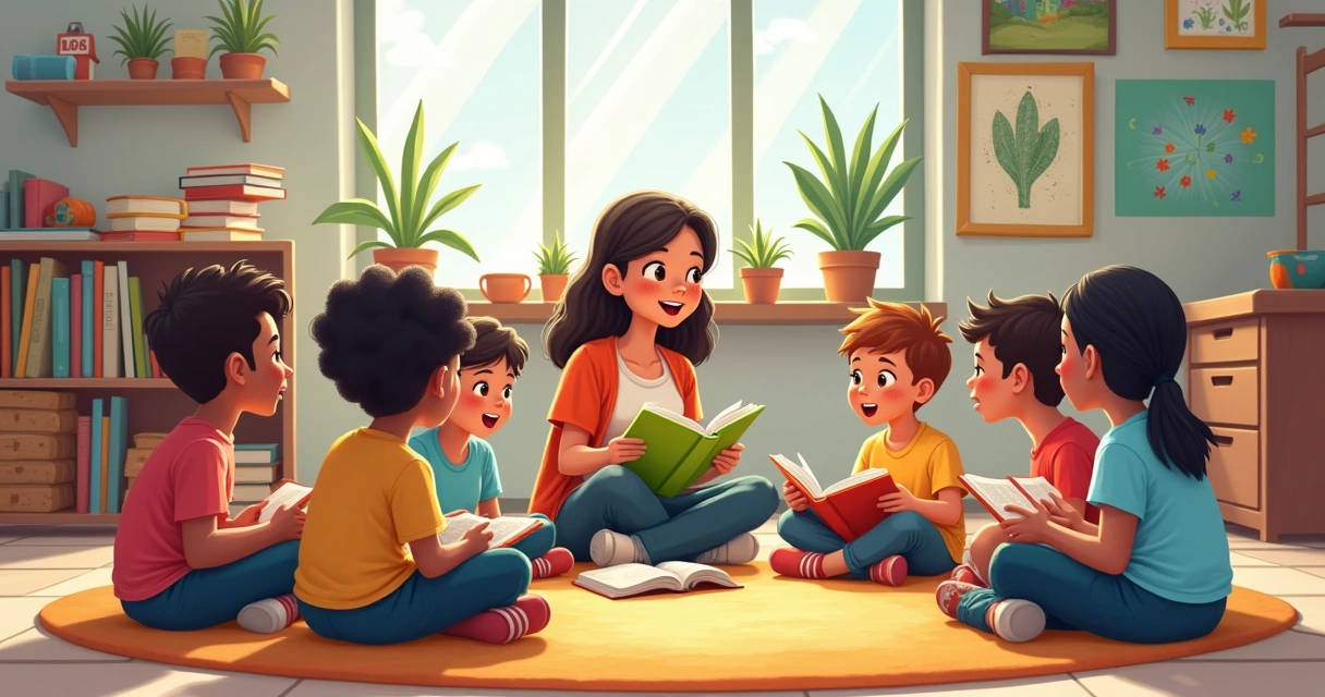 Professor e alunos em roda lendo e conversando 