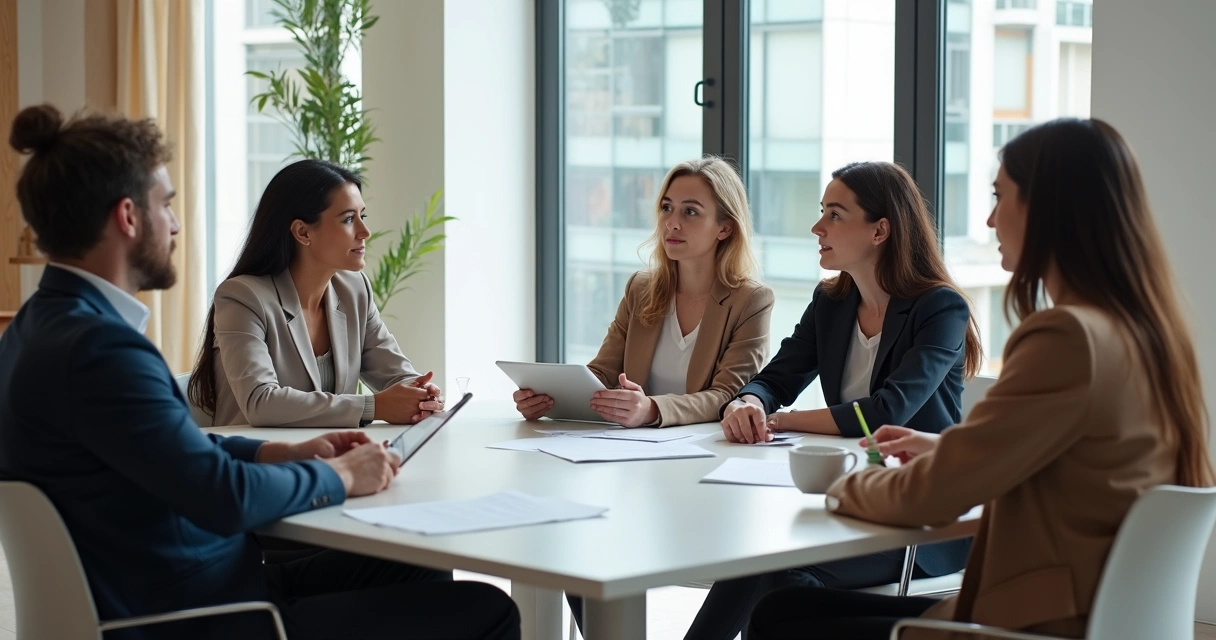 Grupo de pessoas em reunião, conectadas em ambiente de trabalho moderno
