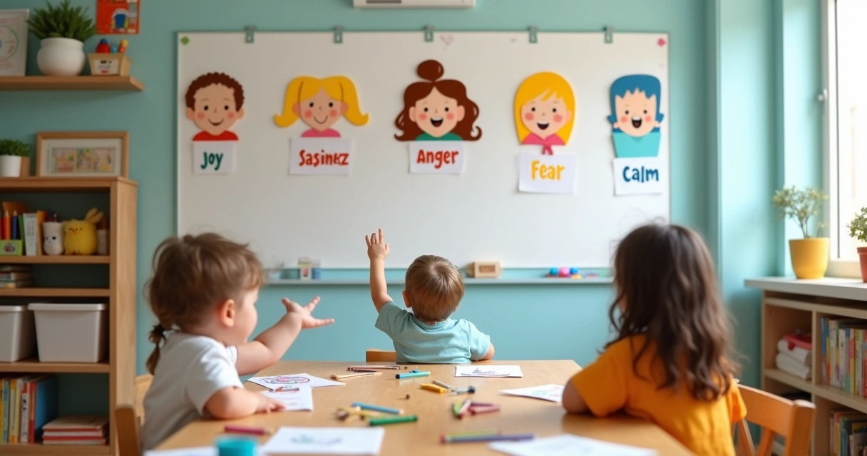 Painel infantil com emoções e desenhos coloridos