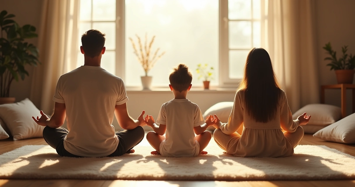 Família fazendo meditação sentados no tapete. 