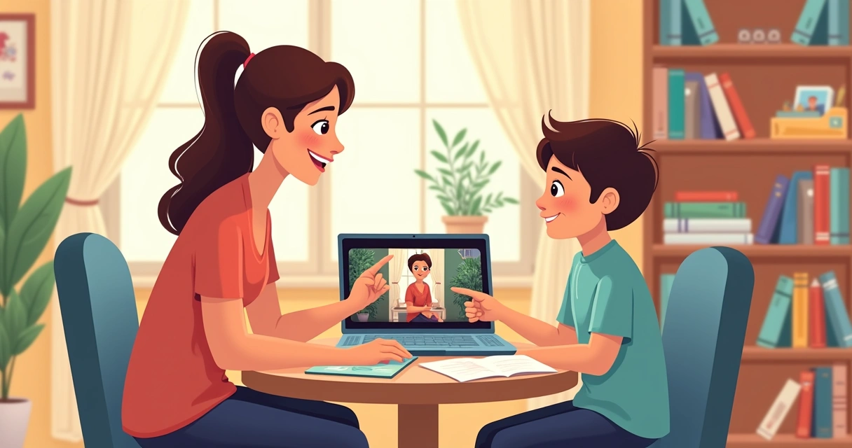 Terapeuta e criança discutindo cena de animação 