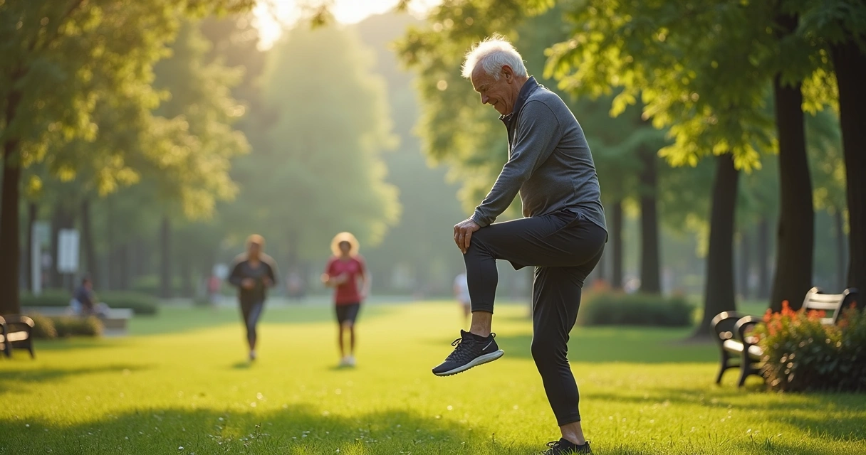 Pessoa idosa praticando alongamento em um parque arborizado 