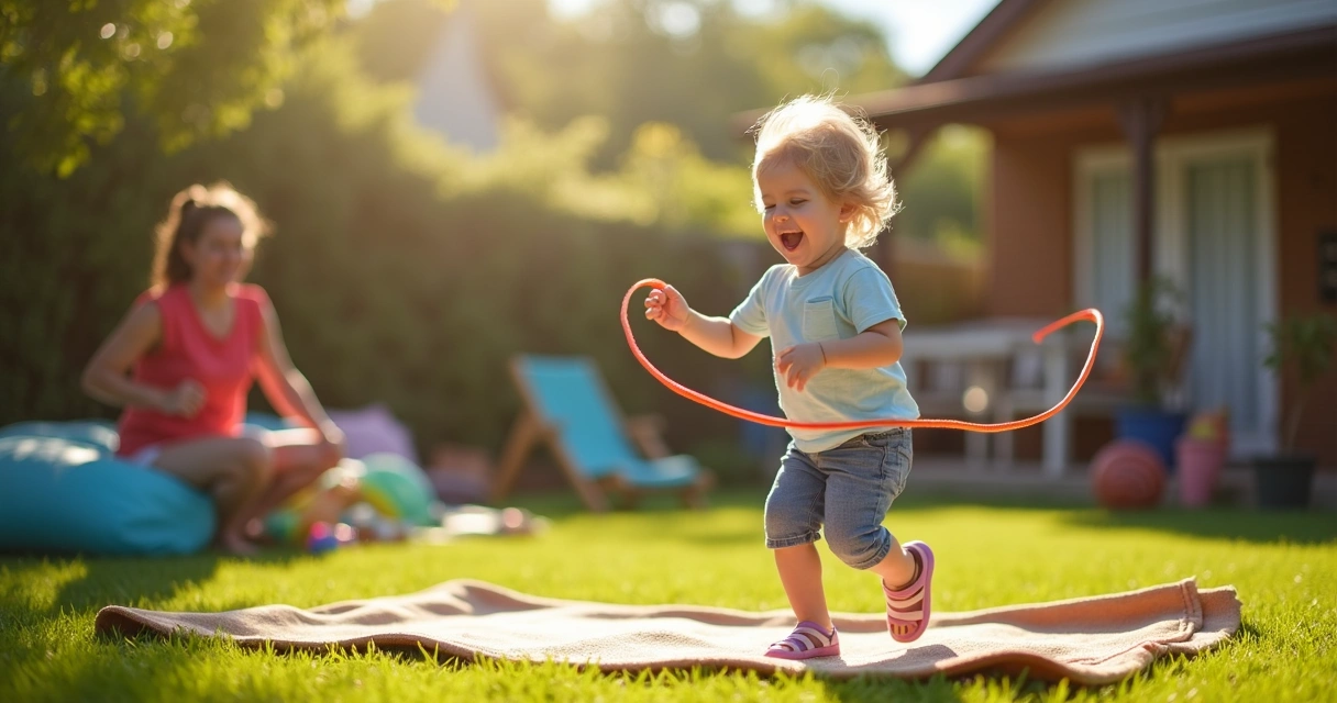 Criança brincando de pular corda no quintal com supervisão de adulto 