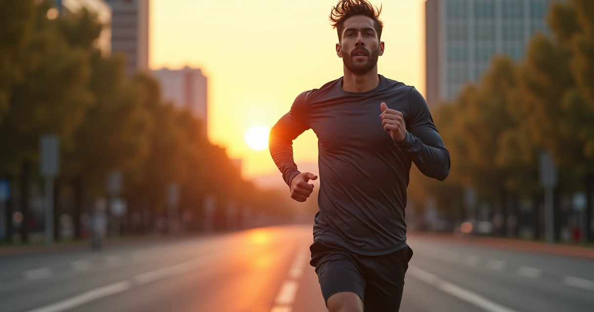 Homem de negócios correndo ao ar livre, roupa esportiva, expressão focada 