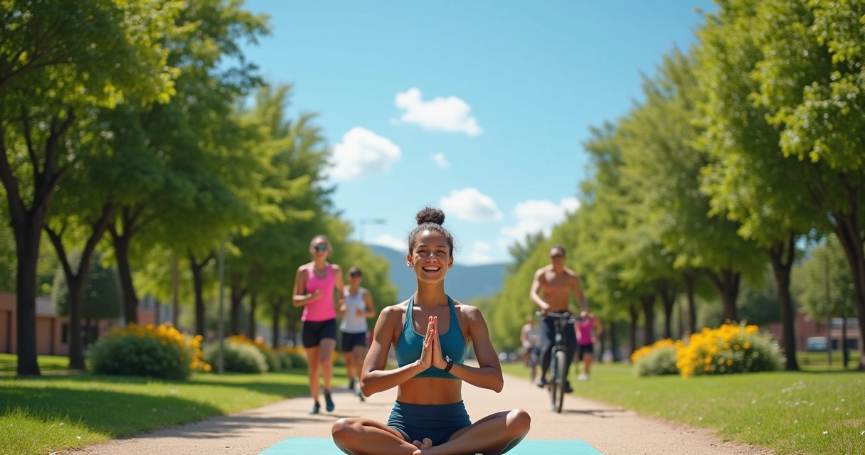 Mulher praticando yoga em um parque ensolarado com atividades ao fundo, transmitindo bem-estar e saúde.