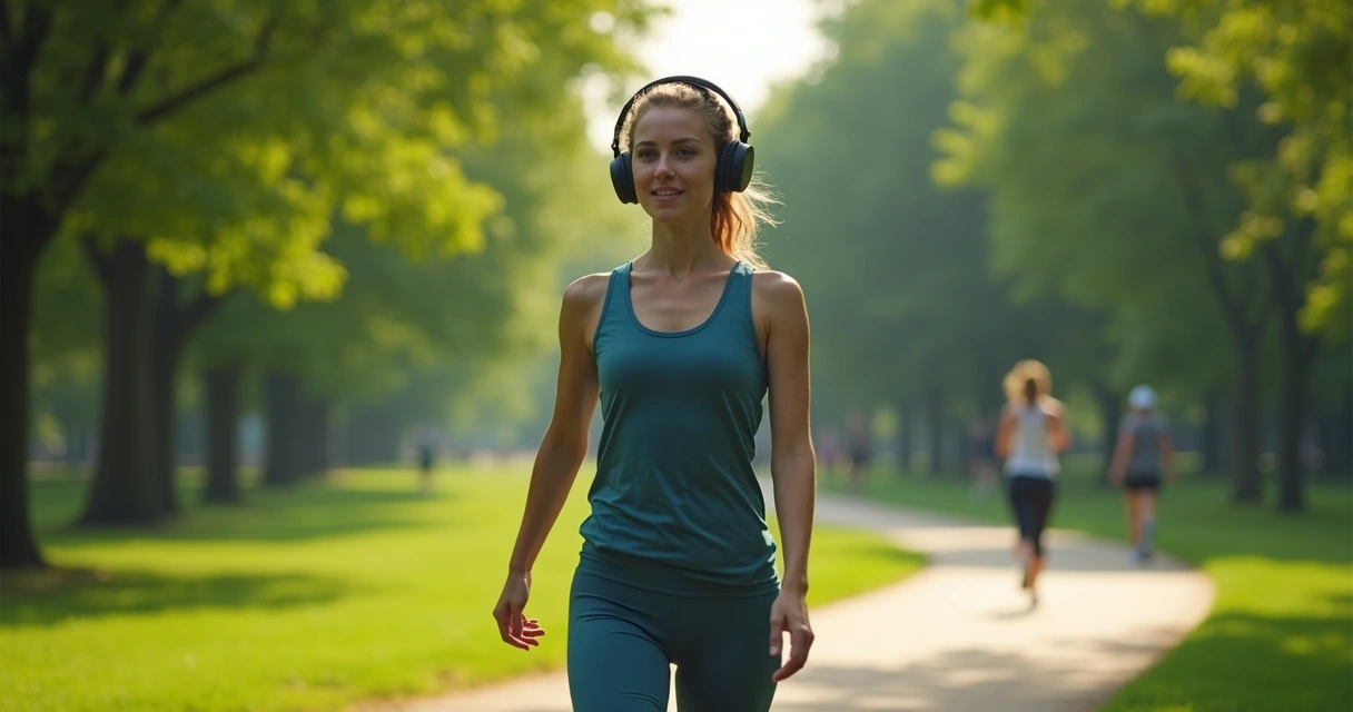 Pessoa caminhando ao ar livre com fones de ouvido em local arborizado 