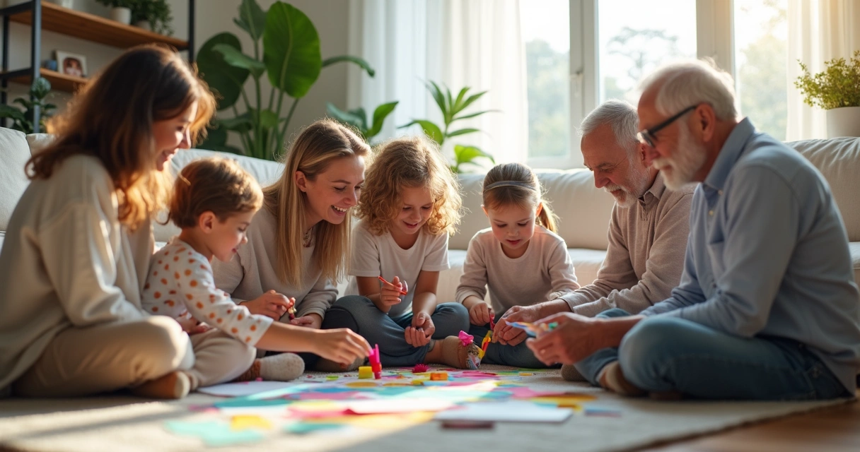 Família de diferentes idades realizando atividade lado a lado 