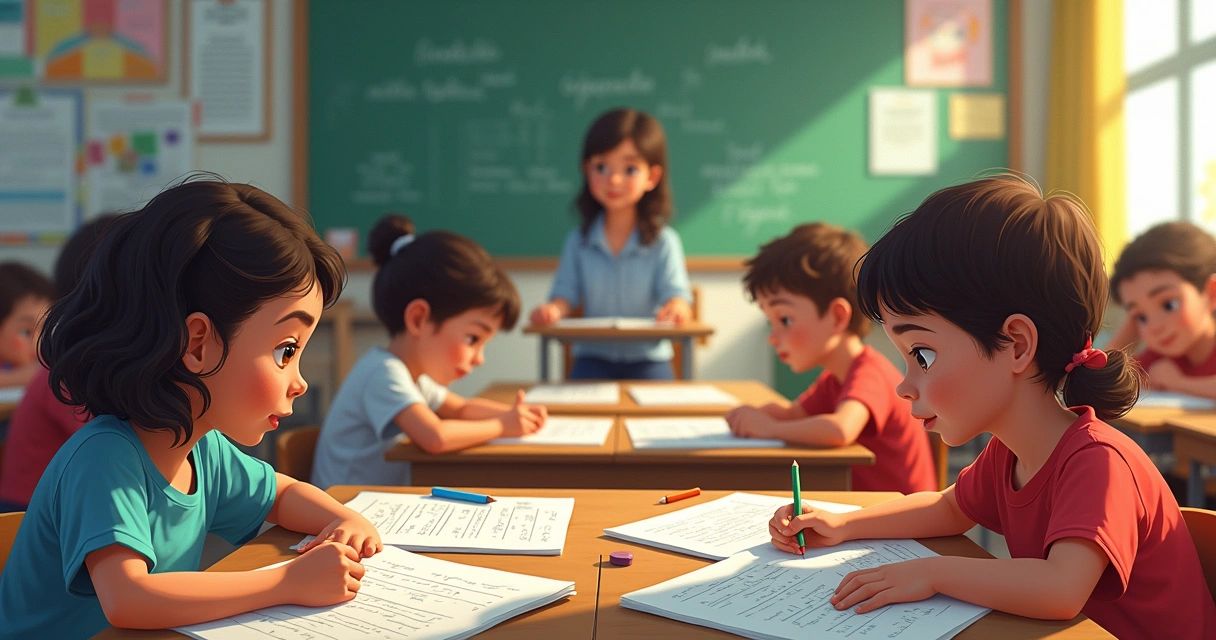 Alunos respondendo atividade impressa em sala de aula 
