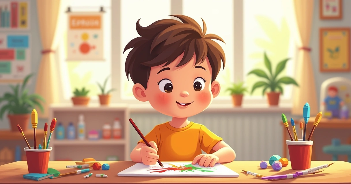 Menino autista com expressão concentrada pintando com pincéis em uma mesa com tintas, em uma sala organizada e colorida 