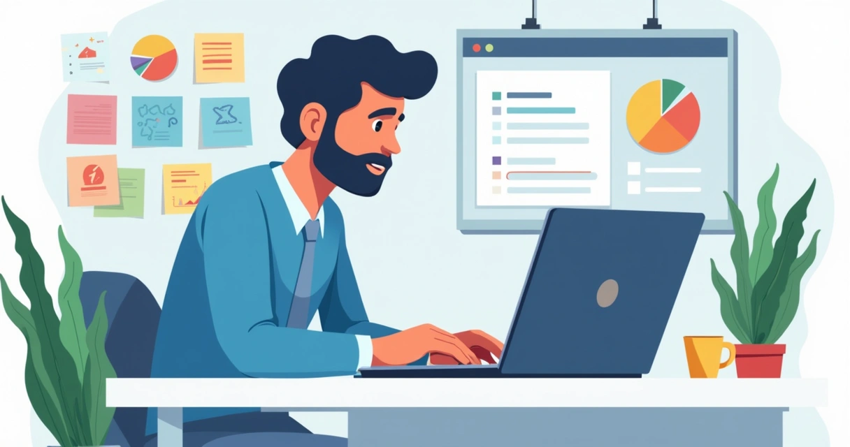 Colaborador executando atividade prática em notebook, ao lado de anotações e gráficos ilustrativos. 