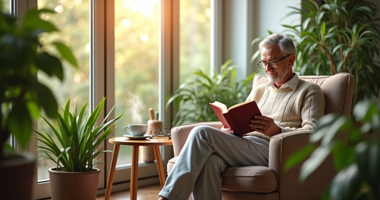 Pessoa lendo livro em poltrona cercada de plantas 