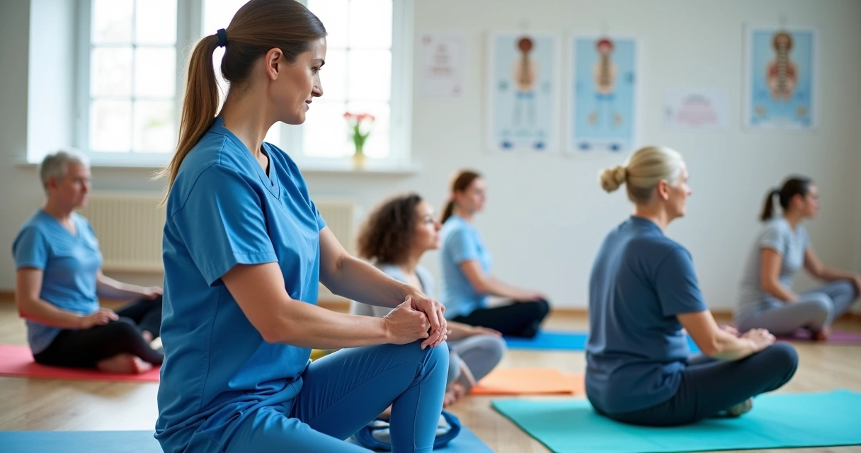Mulheres e homens se alongando em sala de fisioterapia sob orientação profissional 