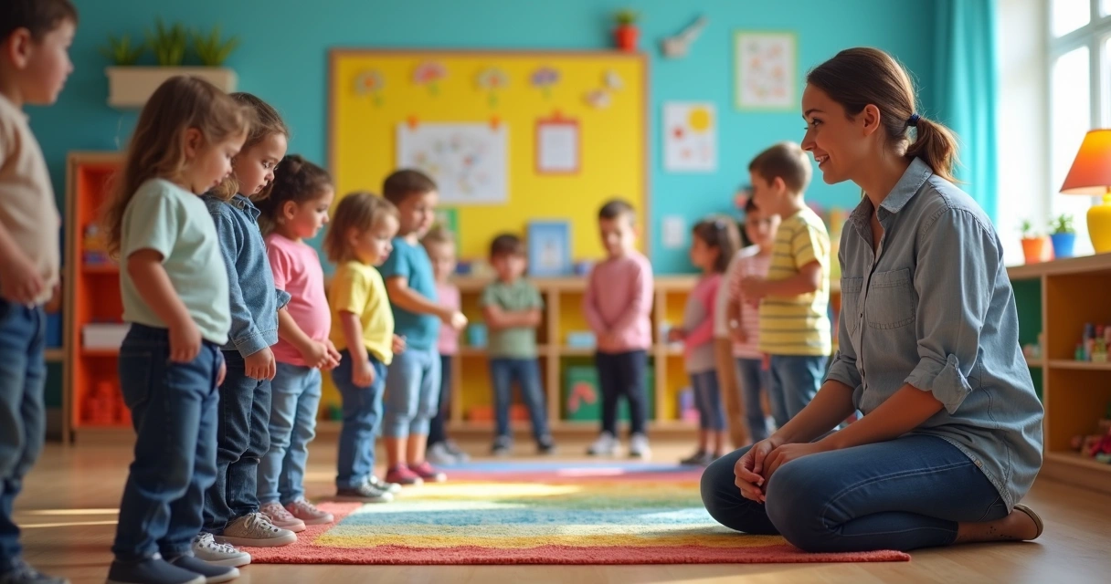 Monitor escolar orienta brincadeira com criança em sala de aula 