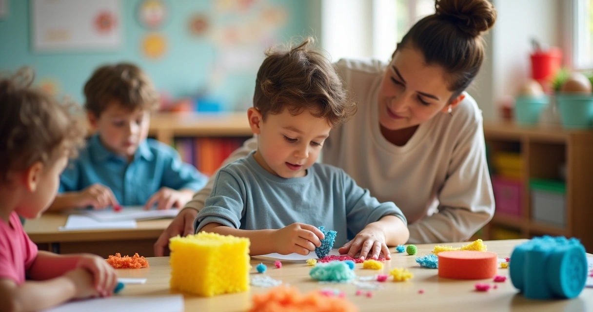 Criança autista participando de atividade sensorial escolar 
