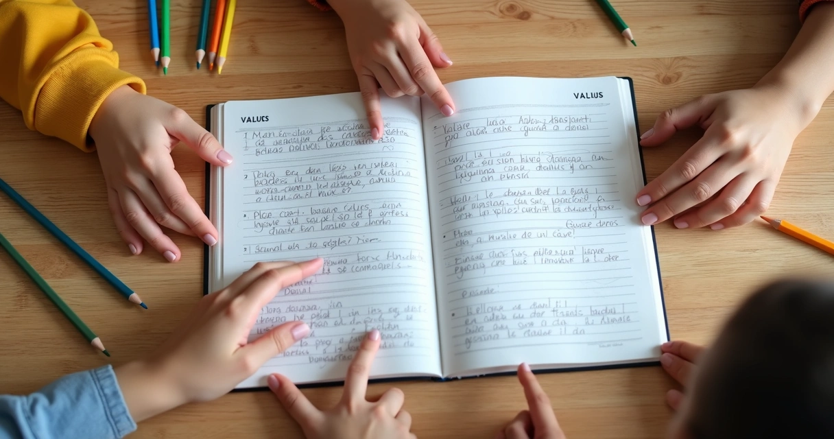 Caderno com atividade sobre valores e mãos de estudantes