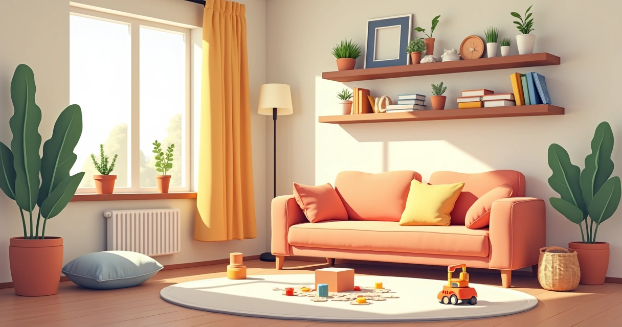 Brinquedos de encaixe e livros infantis sobre um tapete em sala organizada 