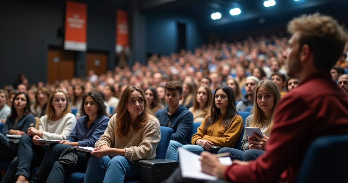 Estudantes participando de uma palestra universitária. 