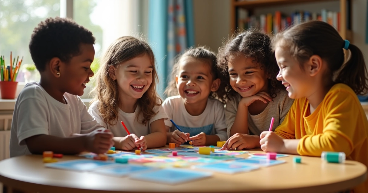 Grupo de crianças em mesa redonda jogando atividades educativas gamificadas 