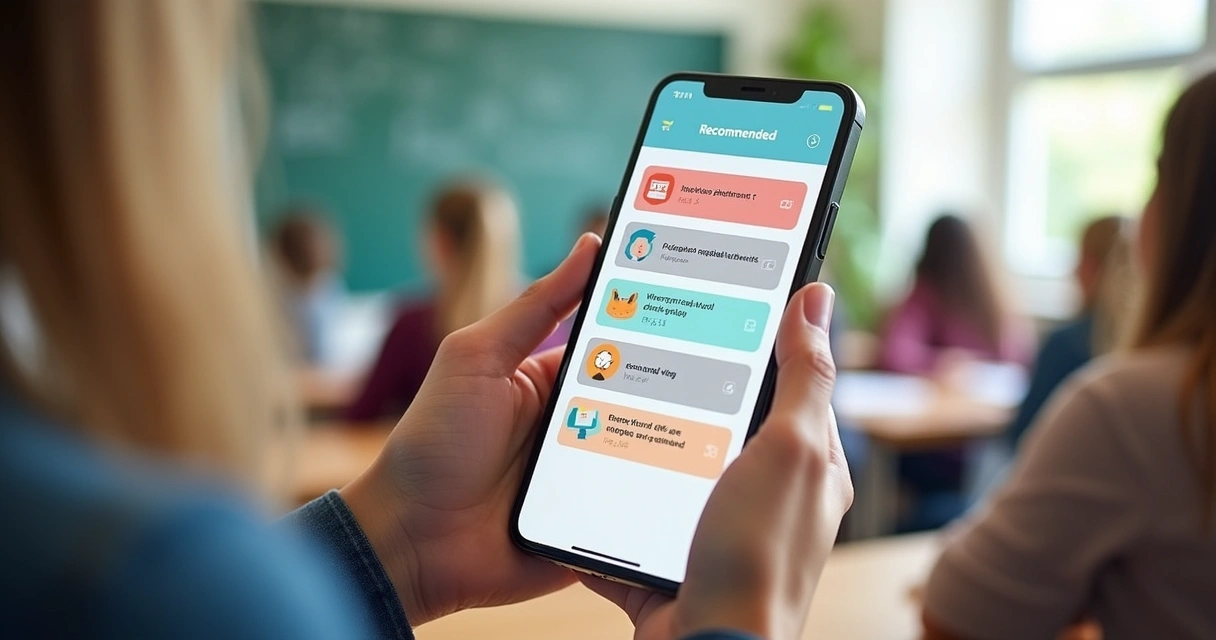 Smartphone mostrando atividades escolares recomendadas para alunos 
