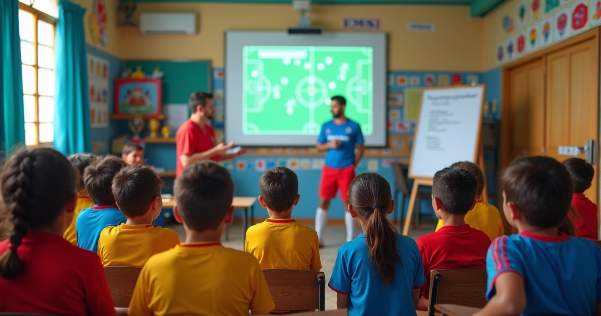 Grupo de alunos participando de palestra com ex-jogador
