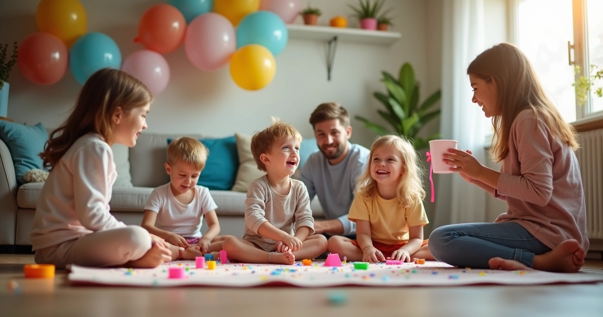 Crianças brincando em festa infantil dentro de casa 