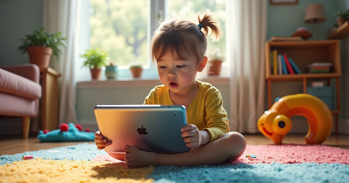 Criança usando tablet educacional em ambiente doméstico 