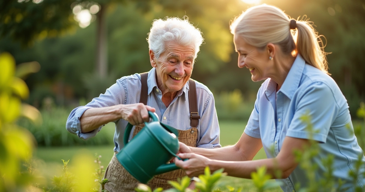 Idoso com Alzheimer regando plantas com apoio de cuidador 