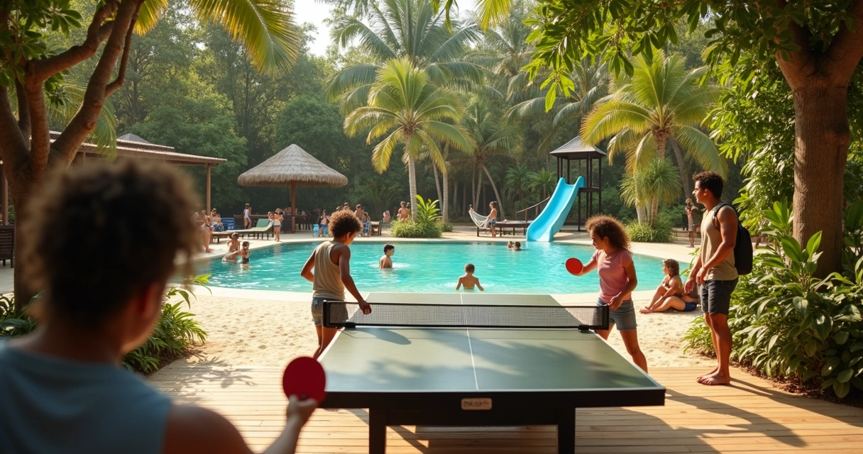 Família, jovens e casal participando de atividades em resort 