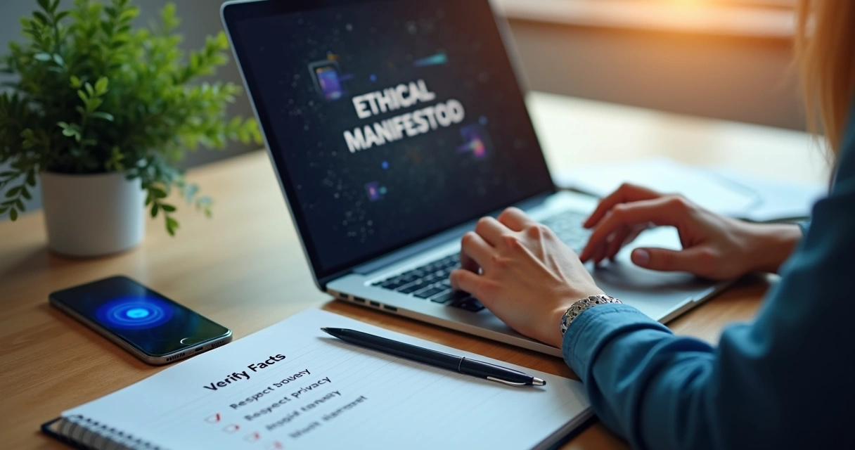 Mãos digitando manifesto com checklist ético ao lado